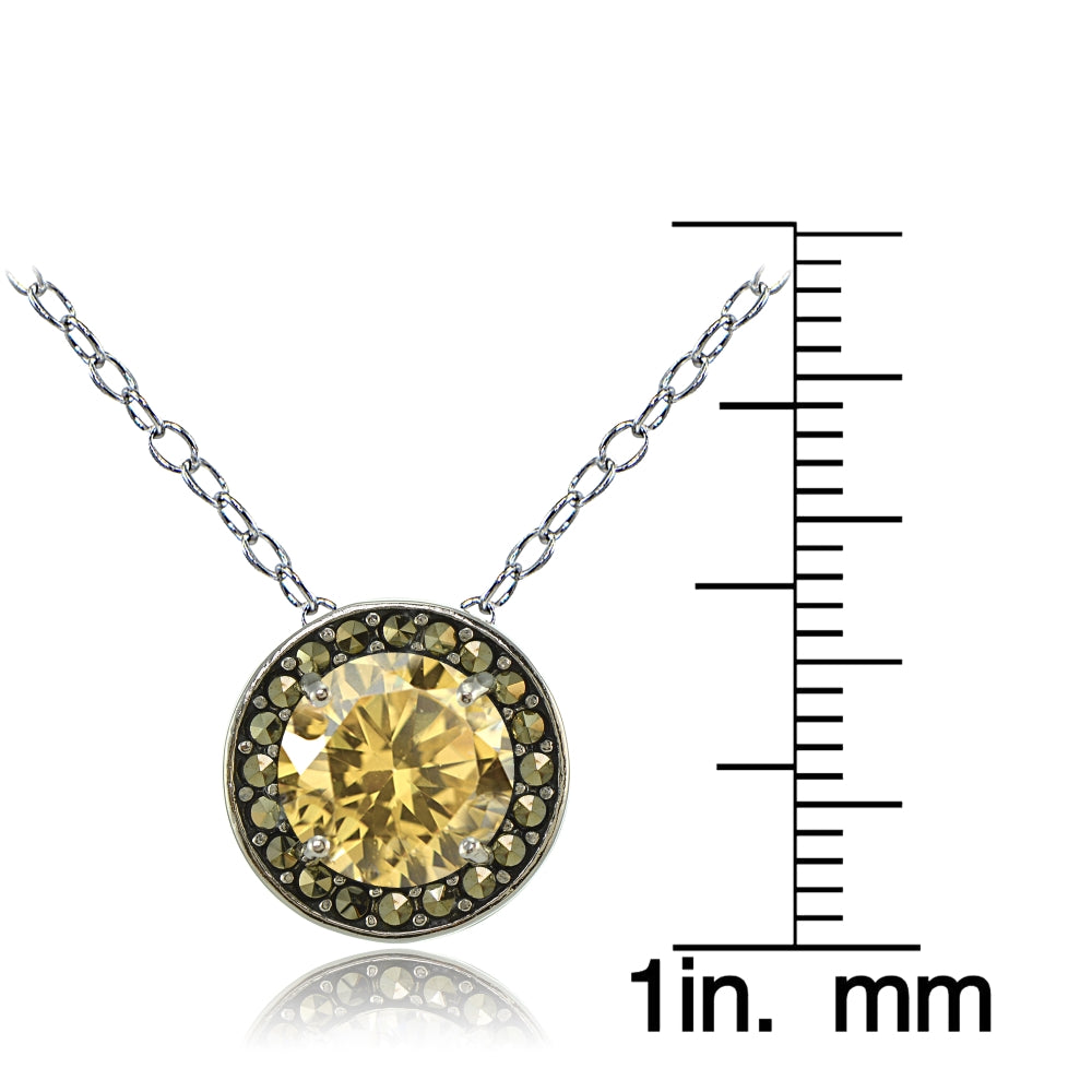 Sterling Silver Citrine and Marcasite Halo Necklace-3