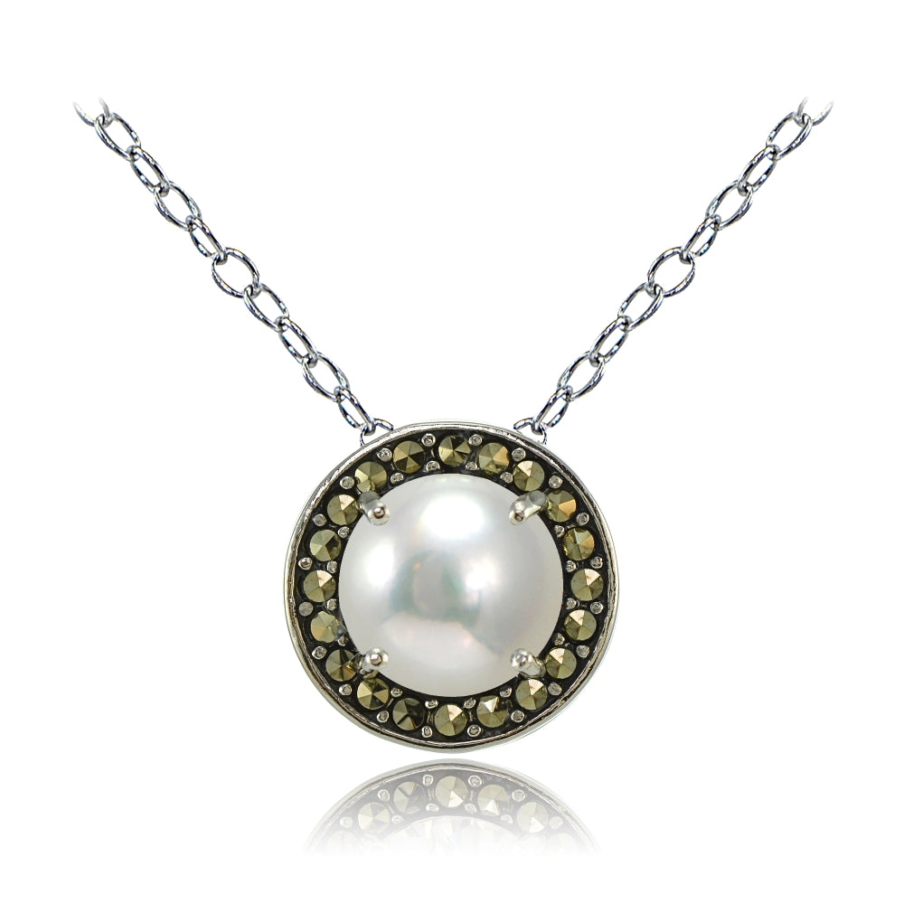 Sterling Silver Created White Pearl and Marcasite Halo Necklace