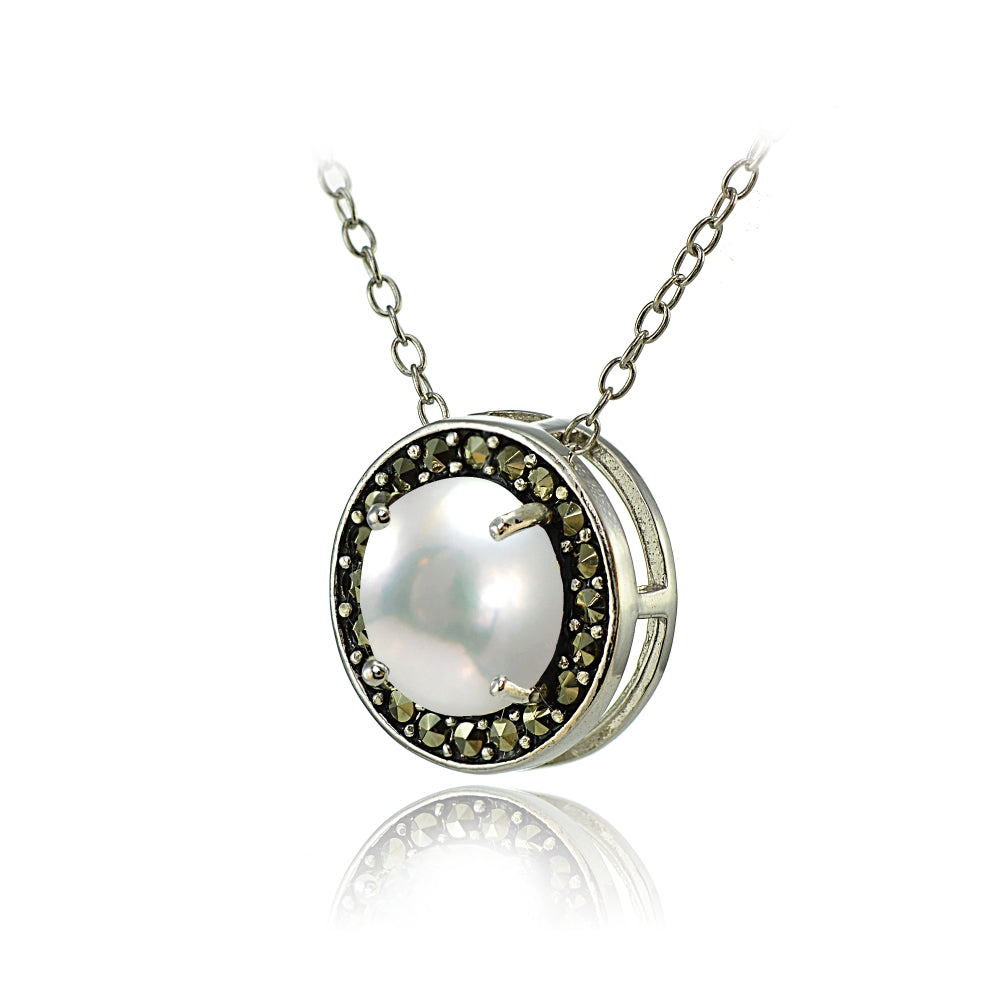 Sterling Silver Created White Pearl and Marcasite Halo Necklace-2