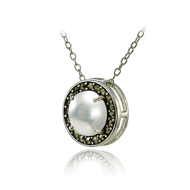 Sterling Silver Created White Pearl and Marcasite Halo Necklace