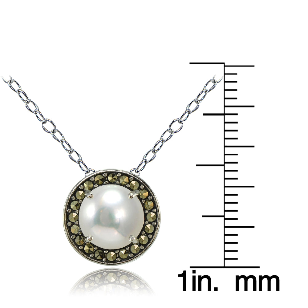 Sterling Silver Created White Pearl and Marcasite Halo Necklace-3