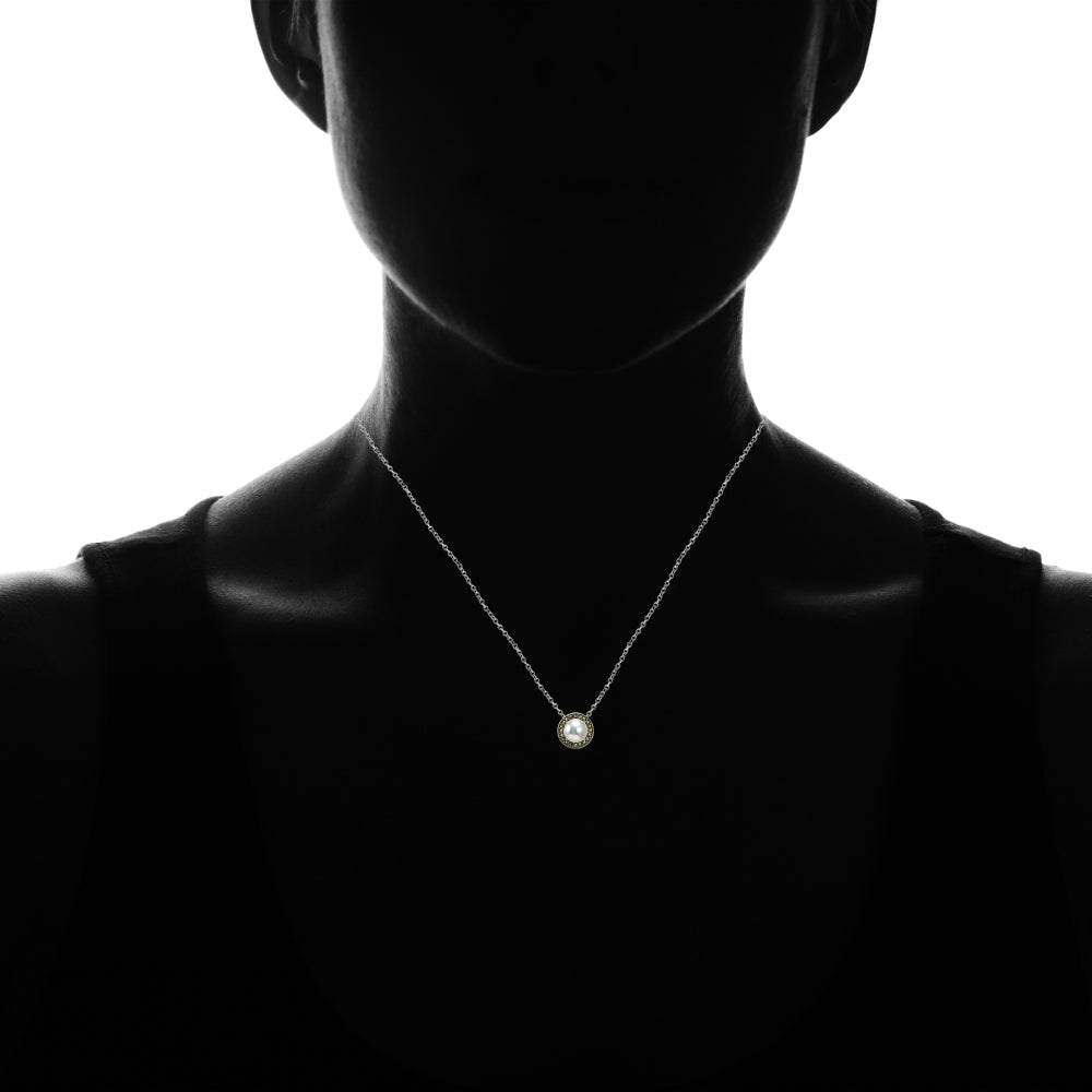 Sterling Silver Created White Pearl and Marcasite Halo Necklace-4