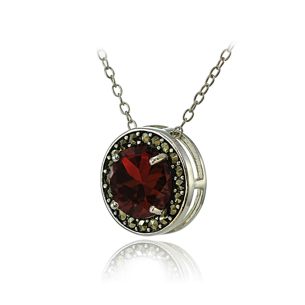 Sterling Silver Garnet and Marcasite Halo Necklace-2