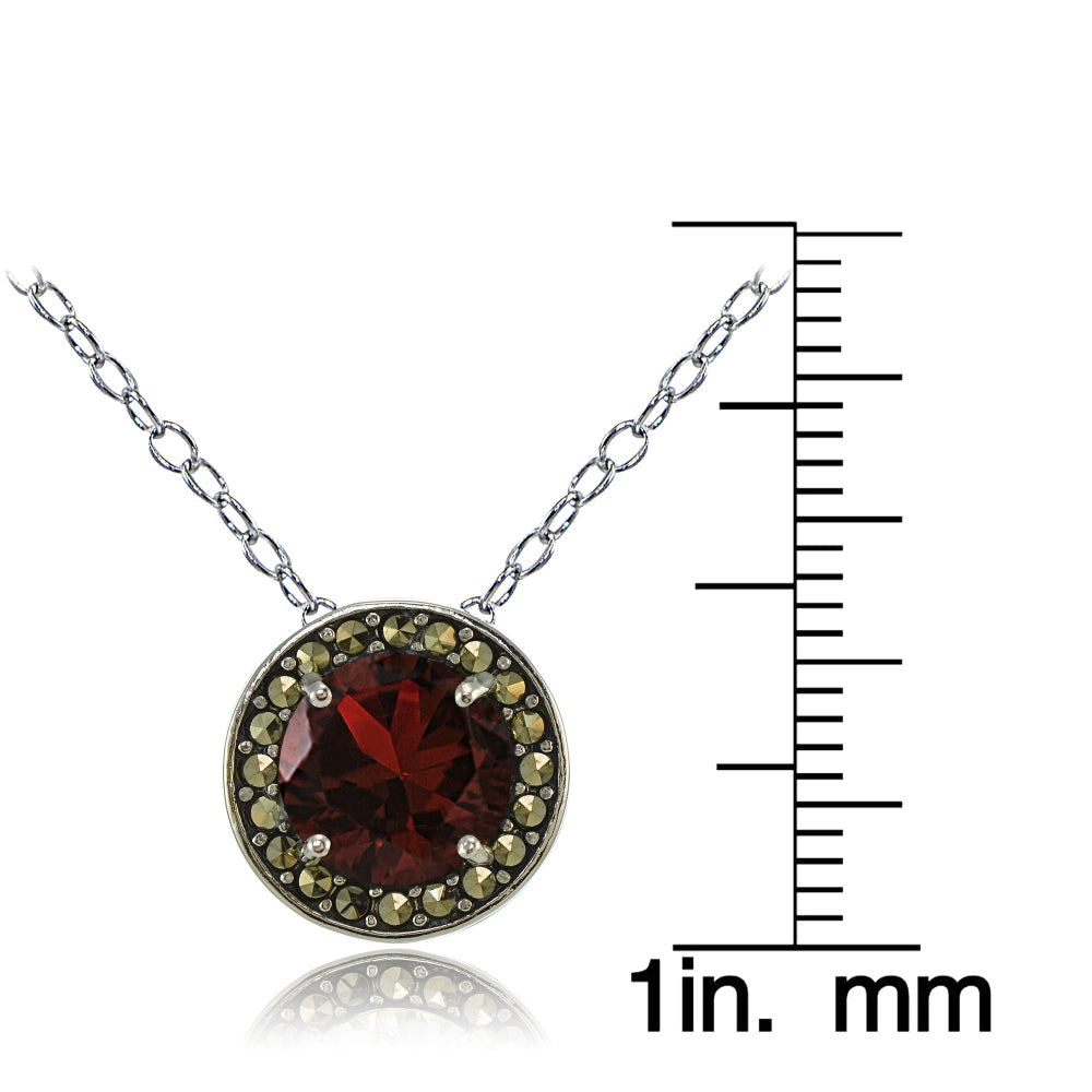 Sterling Silver Garnet and Marcasite Halo Necklace-3