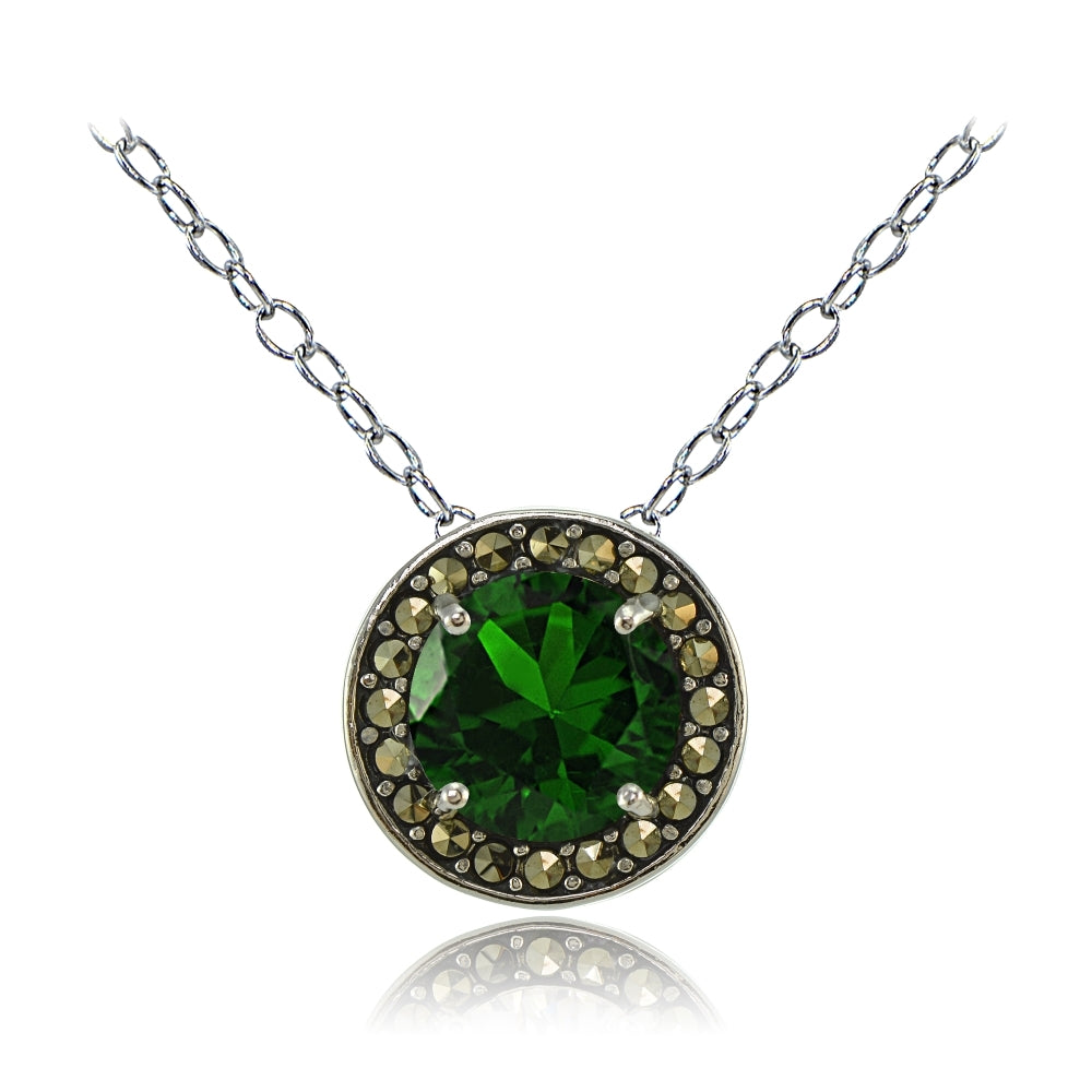 Sterling Silver Created Emerald and Marcasite Halo Necklace