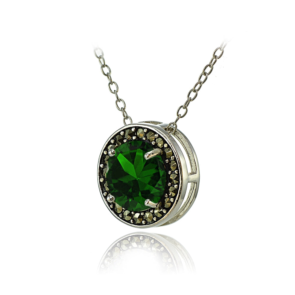 Sterling Silver Created Emerald and Marcasite Halo Necklace-2