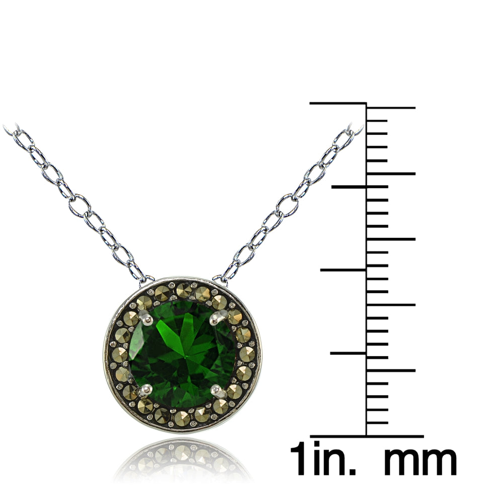 Sterling Silver Created Emerald and Marcasite Halo Necklace-3