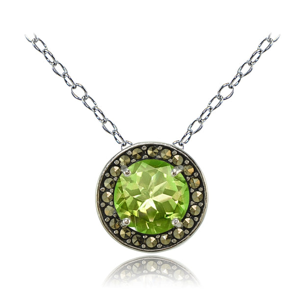 Sterling Silver Peridot and Marcasite Halo Necklace