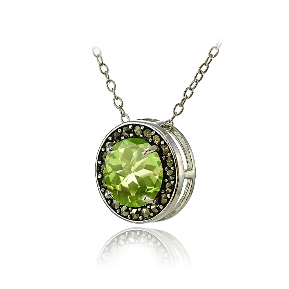 Sterling Silver Peridot and Marcasite Halo Necklace-2