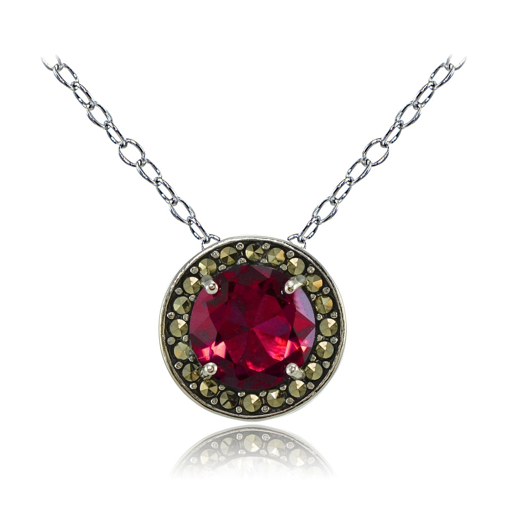 Sterling Silver Created Ruby and Marcasite Halo Necklace