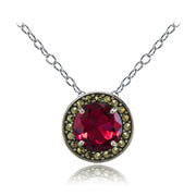 Sterling Silver Created Ruby and Marcasite Halo Necklace