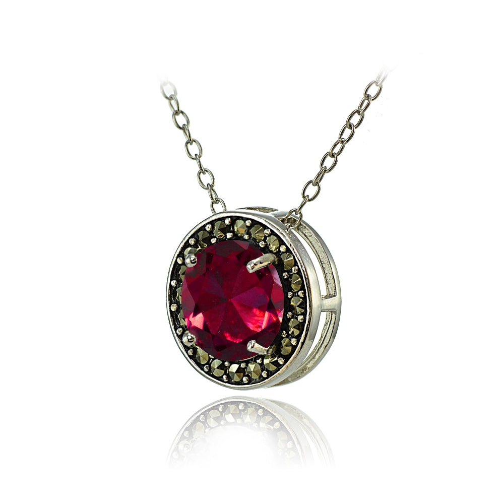 Sterling Silver Created Ruby and Marcasite Halo Necklace-2