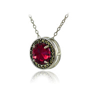 Sterling Silver Created Ruby and Marcasite Halo Necklace