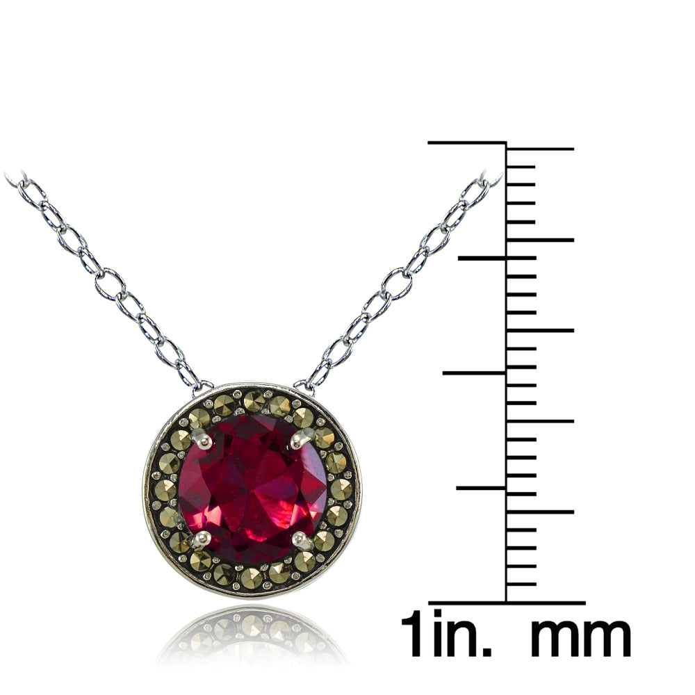Sterling Silver Created Ruby and Marcasite Halo Necklace-3