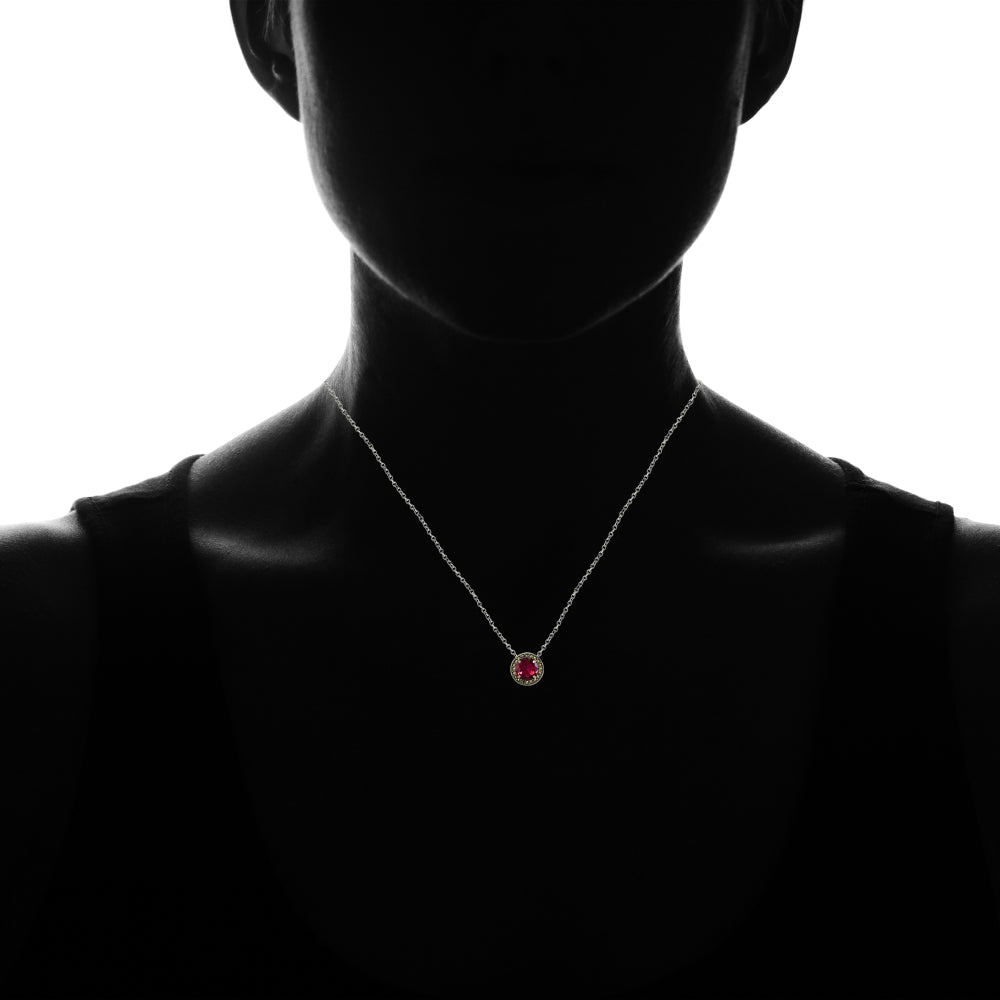 Sterling Silver Created Ruby and Marcasite Halo Necklace-4