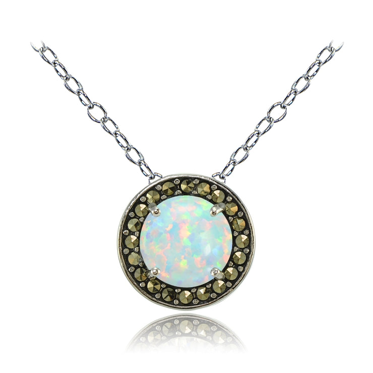Sterling Silver Created White Opal and Marcasite Halo Necklace