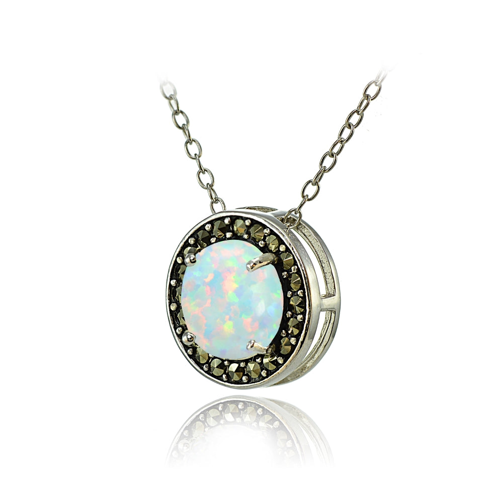 Sterling Silver Created White Opal and Marcasite Halo Necklace-2