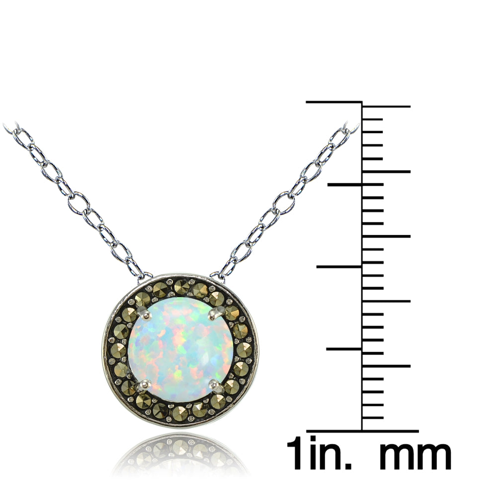 Sterling Silver Created White Opal and Marcasite Halo Necklace-3