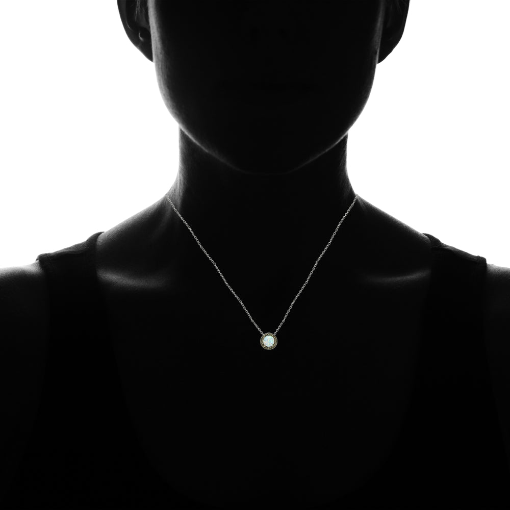 Sterling Silver Created White Opal and Marcasite Halo Necklace-4