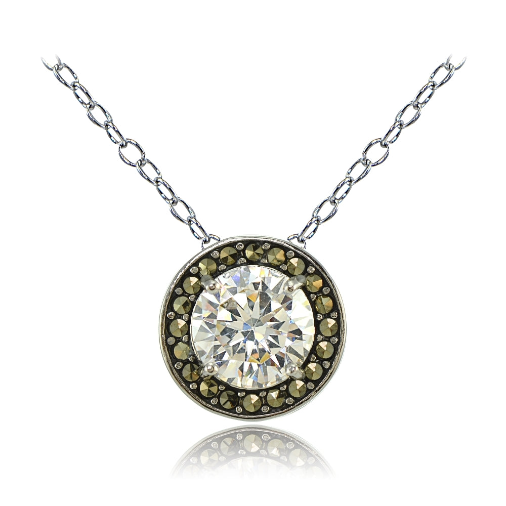 Sterling Silver Cubic Zirconia and Marcasite Halo Necklace
