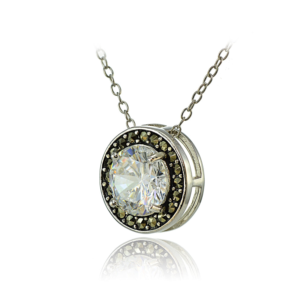 Sterling Silver Cubic Zirconia and Marcasite Halo Necklace-2