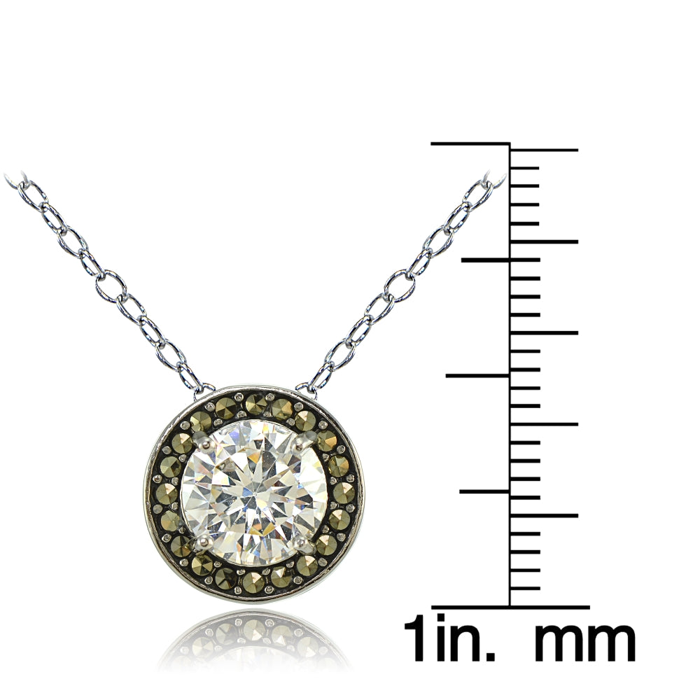 Sterling Silver Cubic Zirconia and Marcasite Halo Necklace-3