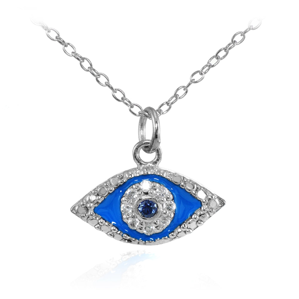Sterling Silver Blue Cubic Zirconia and Blue  Enamel Evil Eye Necklace-2