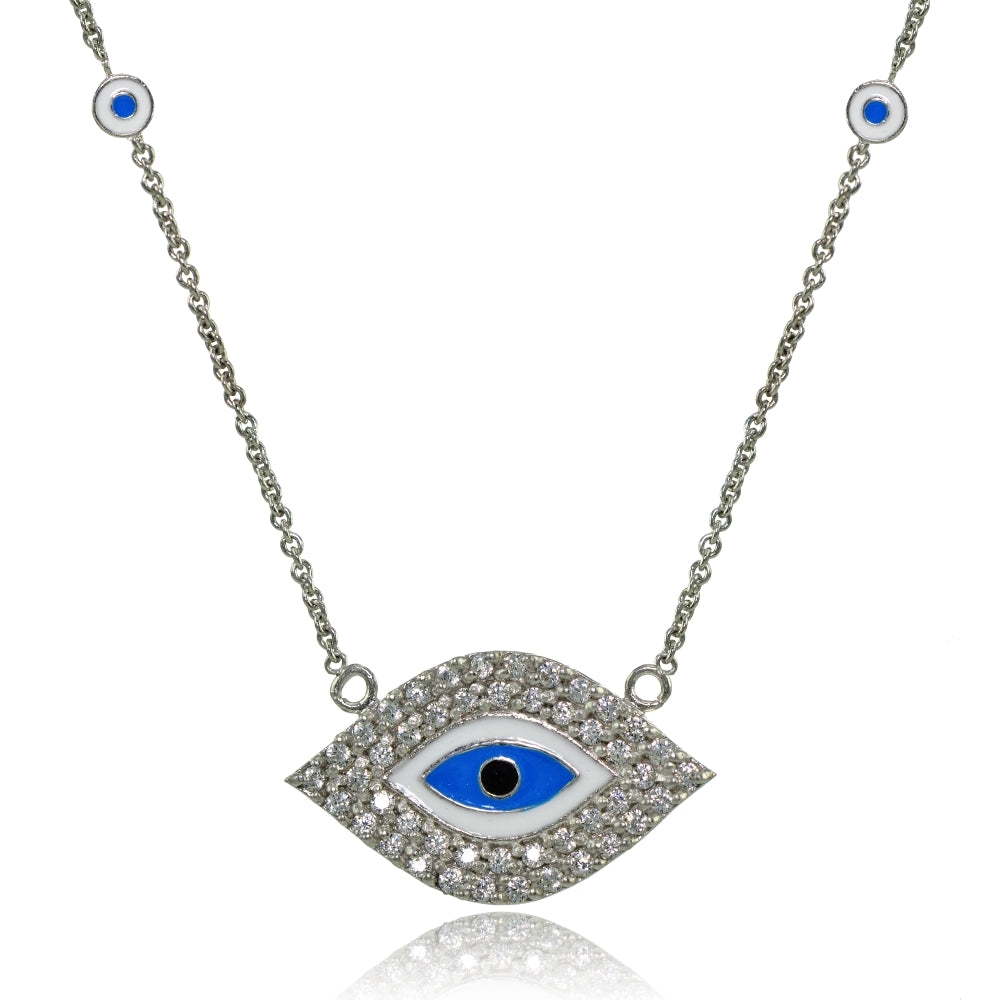 Sterling Silver Cubic Zirconia and Multi Colored Enamel Evil Eye Necklace