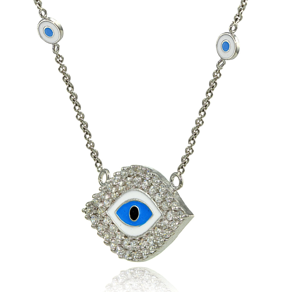 Sterling Silver Cubic Zirconia and Multi Colored Enamel Evil Eye Necklace-2