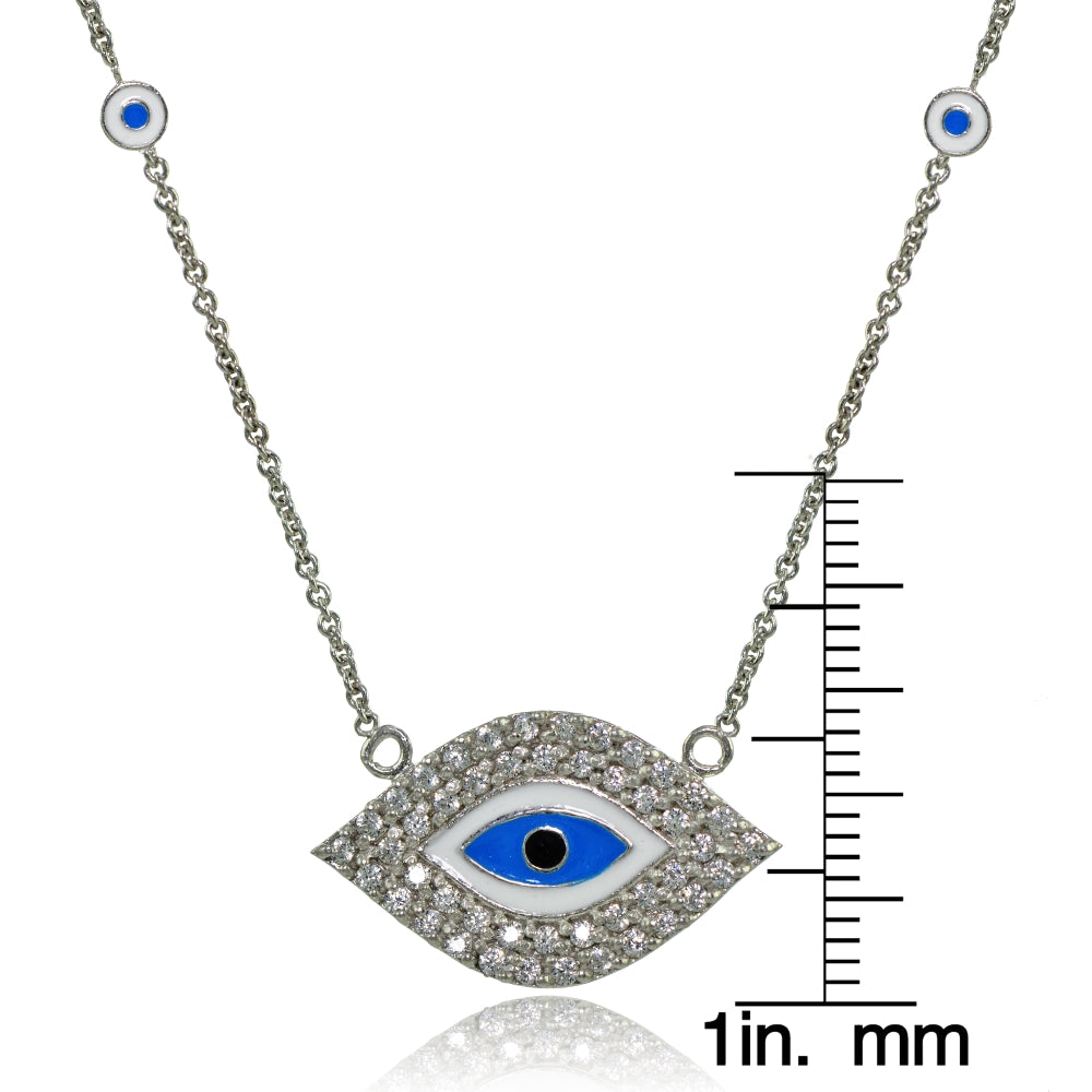 Sterling Silver Cubic Zirconia and Multi Colored Enamel Evil Eye Necklace-3