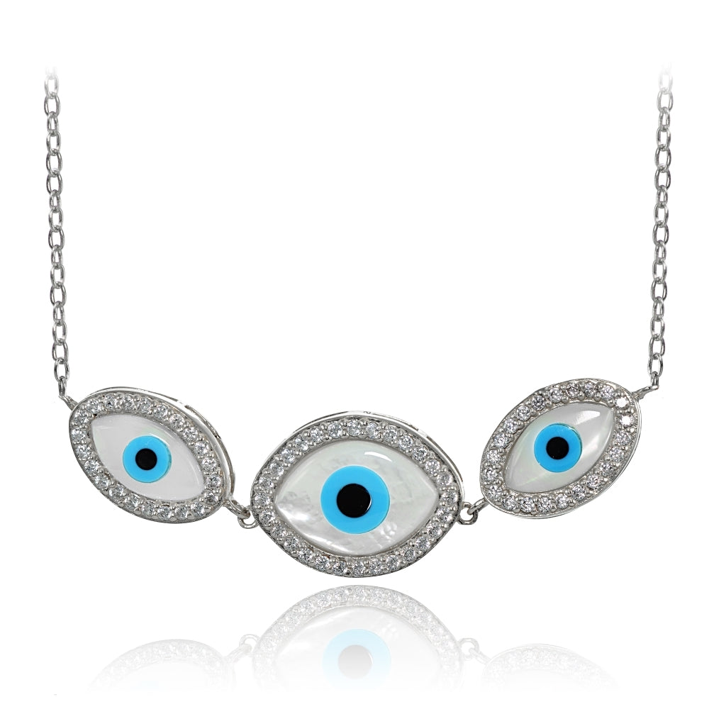 Sterling Silver Cubic Zirconia Triple Evil Eye Necklace