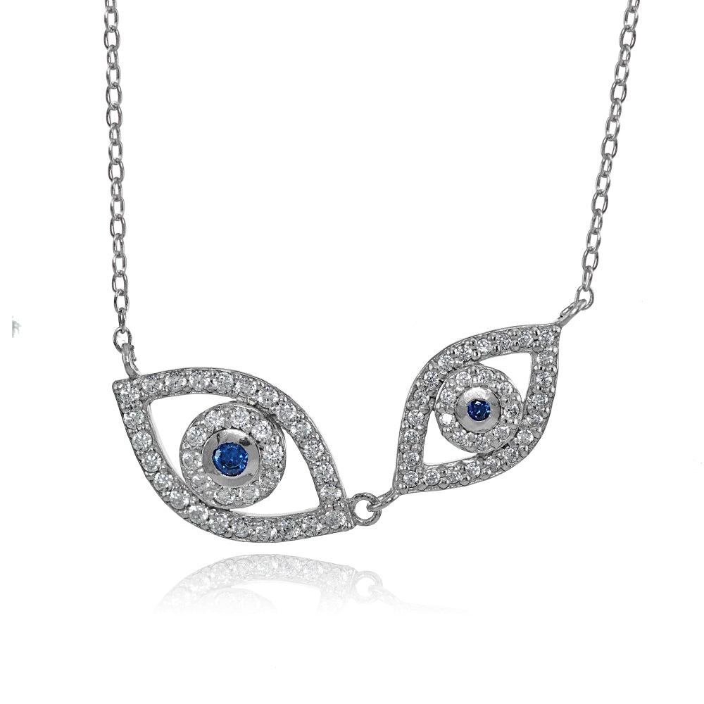 Sterling Silver Cubic Zirconia and Created Blue Sapphire Double Evil Eye Necklace