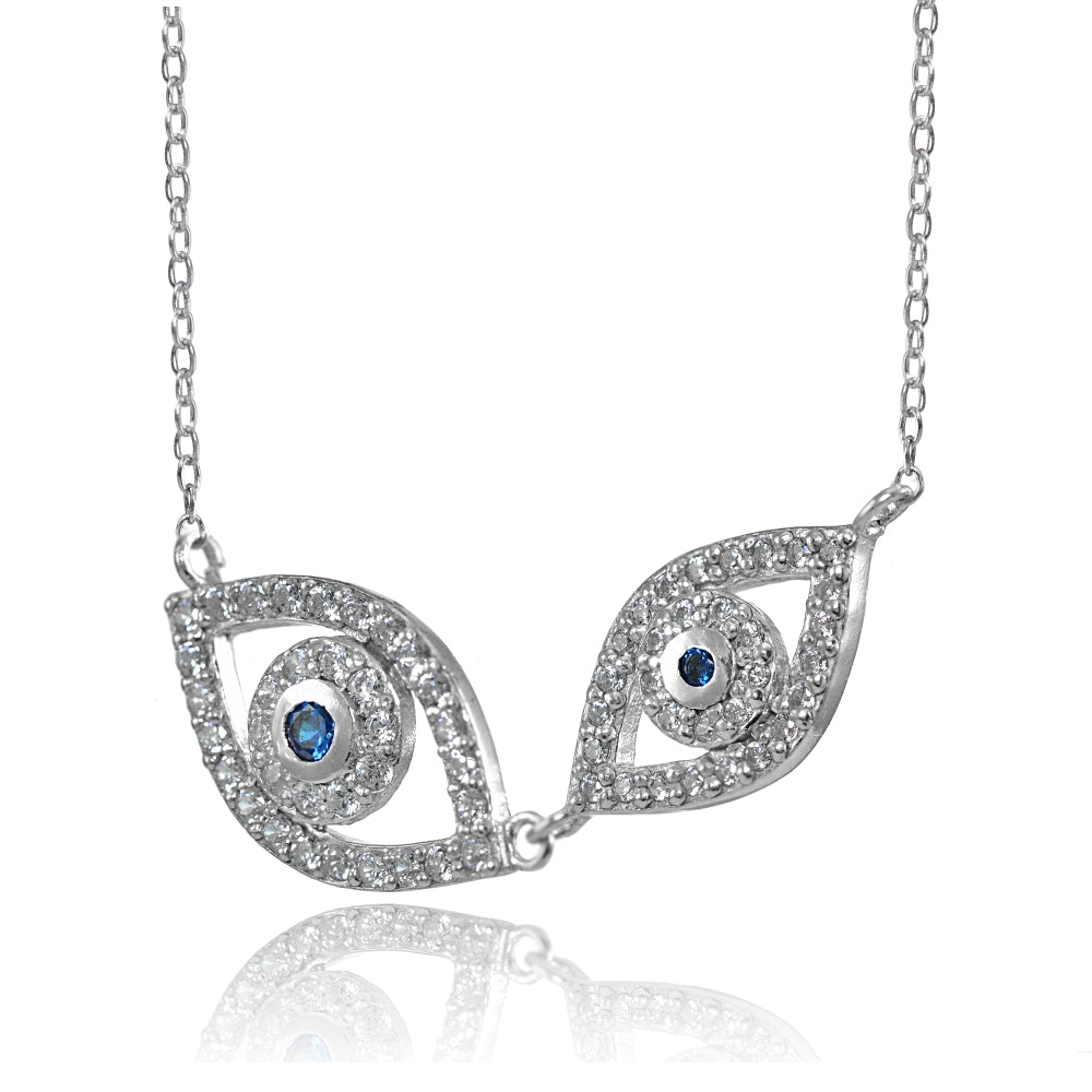 Sterling Silver Cubic Zirconia and Created Blue Sapphire Double Evil Eye Necklace-2