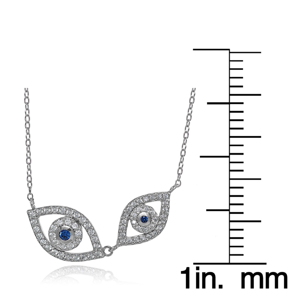 Sterling Silver Cubic Zirconia and Created Blue Sapphire Double Evil Eye Necklace-3