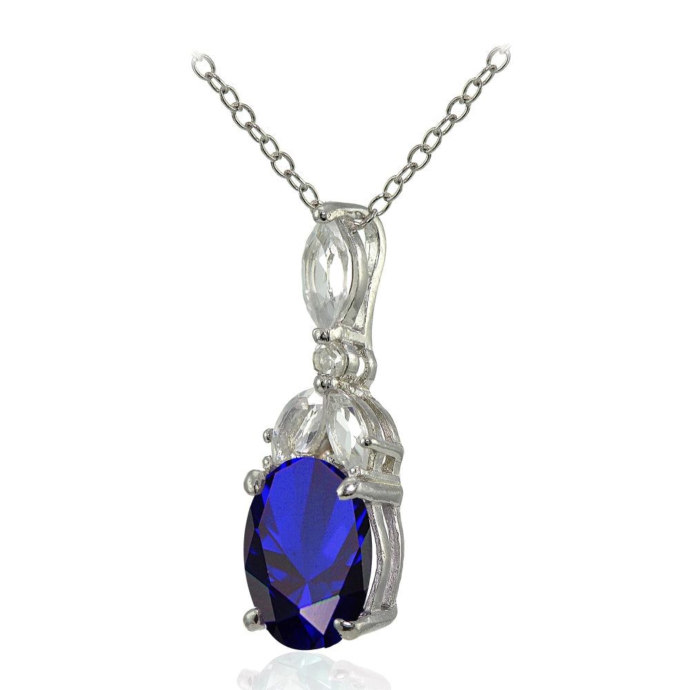 Sterling Silver Created Blue Sapphire and White Topaz Oval Necklace-2