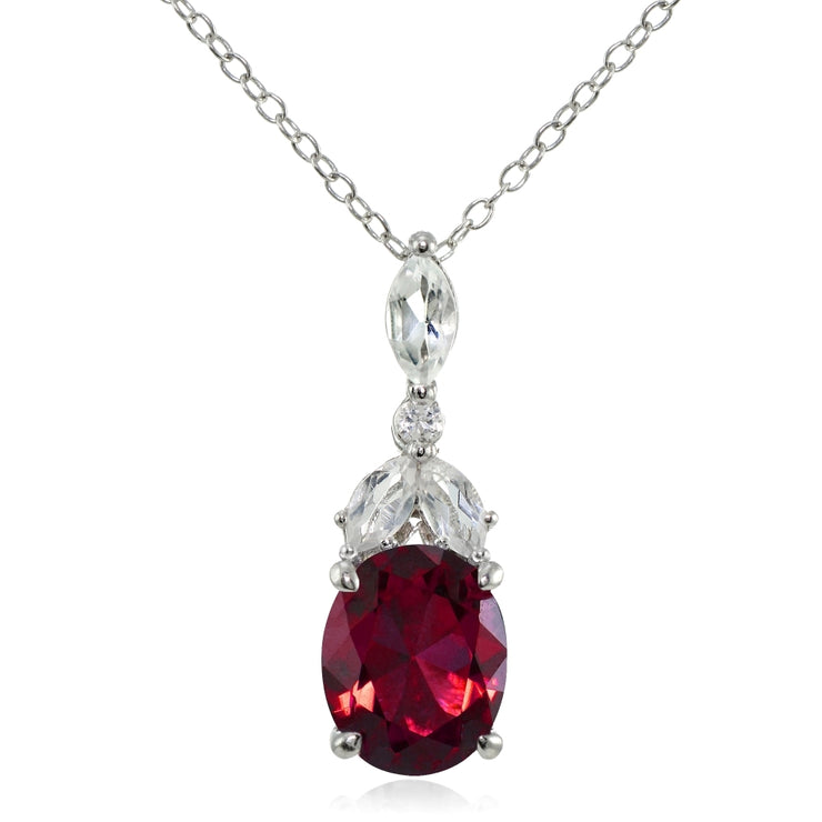 Sterling Silver Created Ruby and White Topaz Oval Necklace