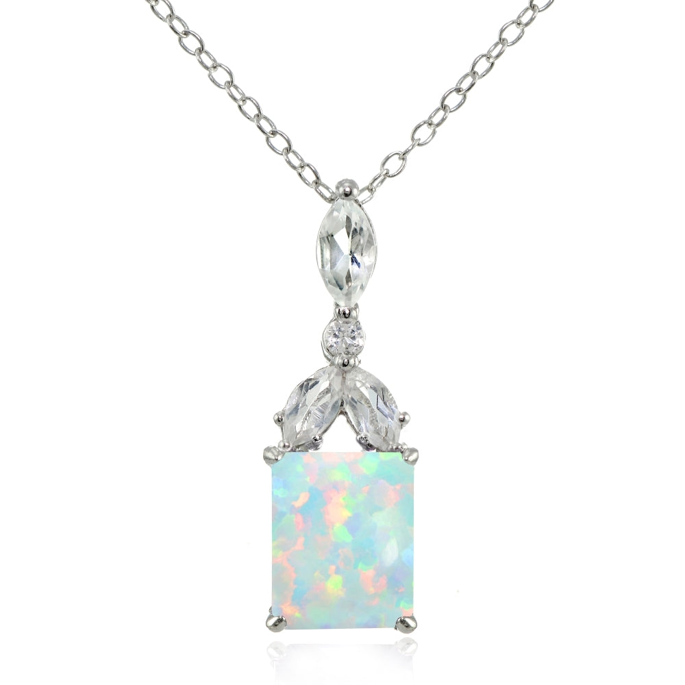 Sterling Silver Created White Opal and White Topaz Oval Necklace