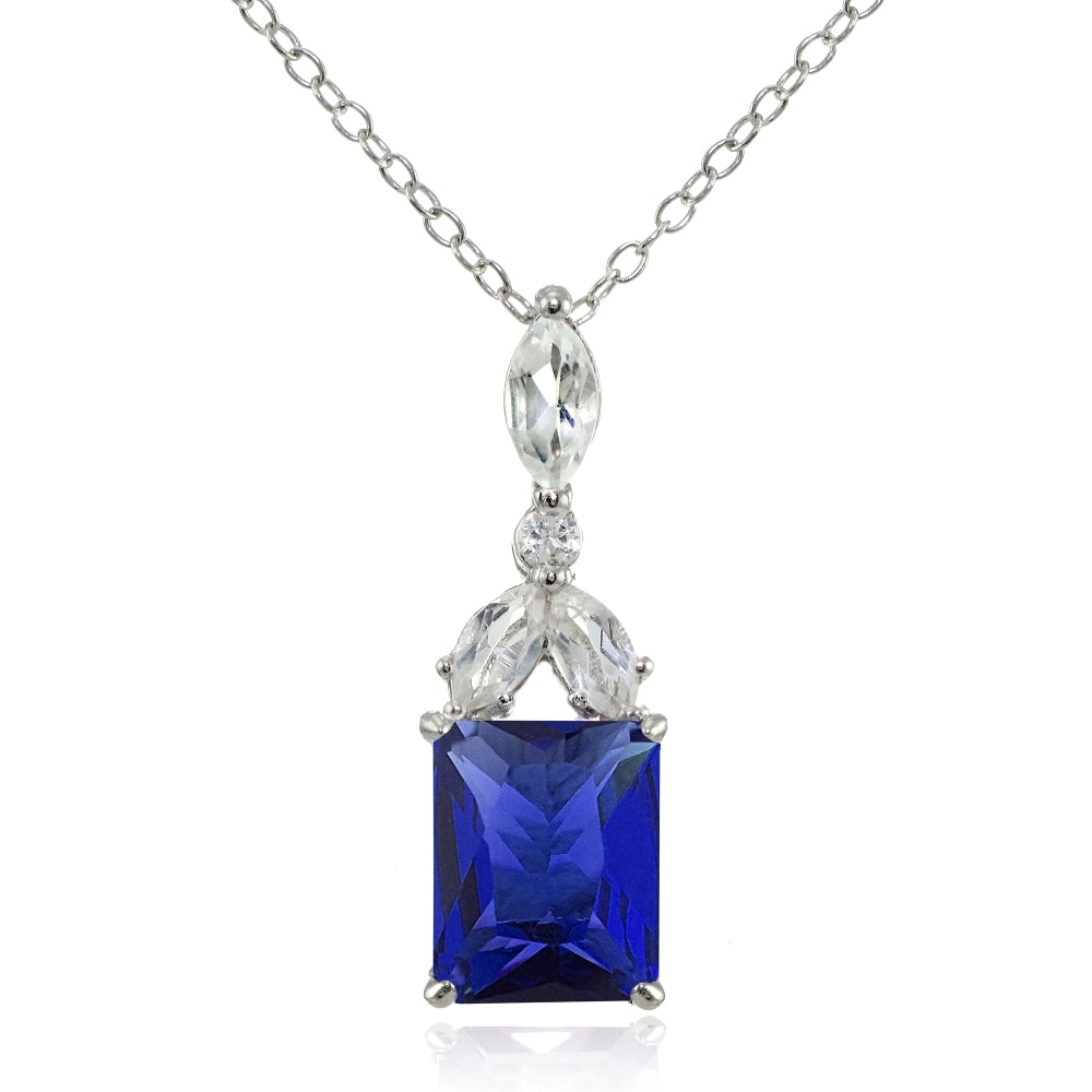 Sterling Silver Created Blue Sapphire and White Topaz Emerald-Cut Necklace