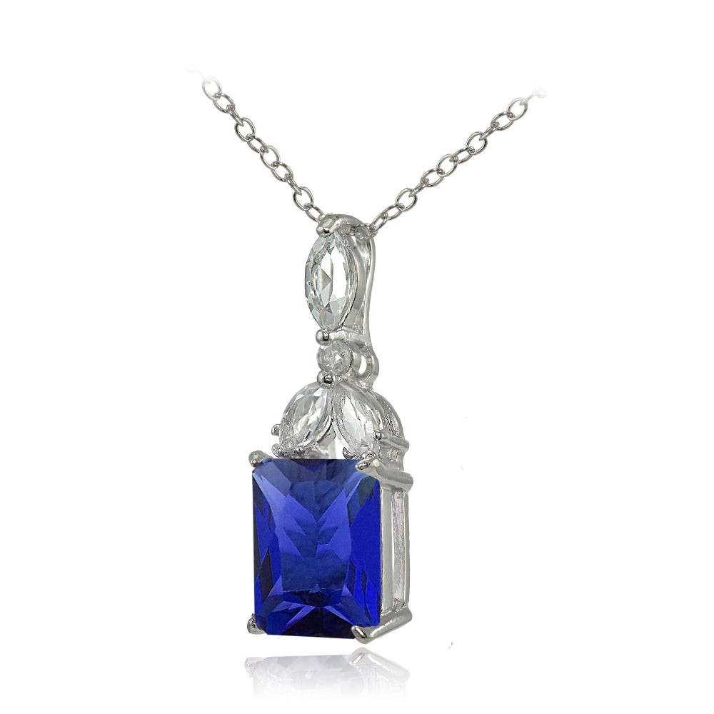 Sterling Silver Created Blue Sapphire and White Topaz Emerald-Cut Necklace-2