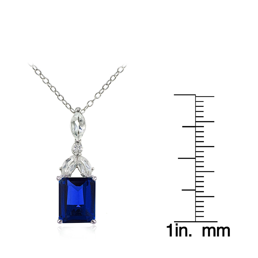 Sterling Silver Created Blue Sapphire and White Topaz Emerald-Cut Necklace-3