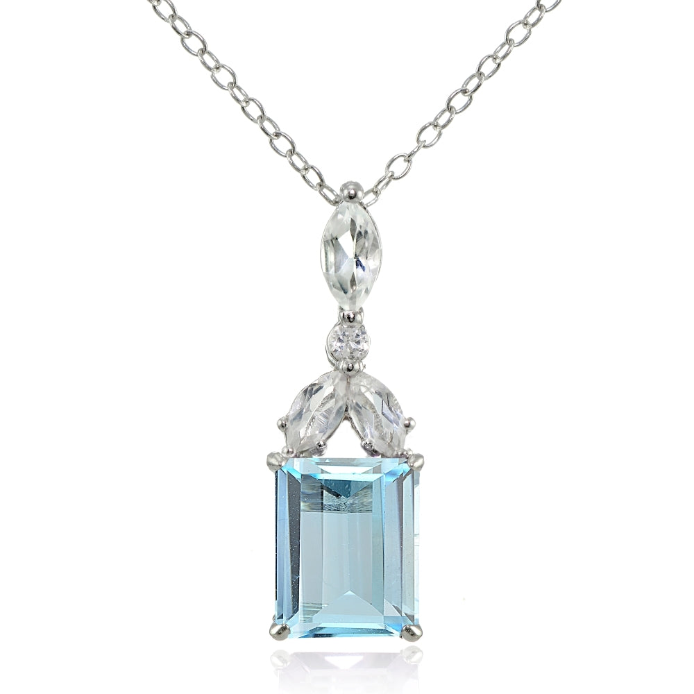 Sterling Silver Blue Topaz and White Topaz Emerald-Cut Necklace