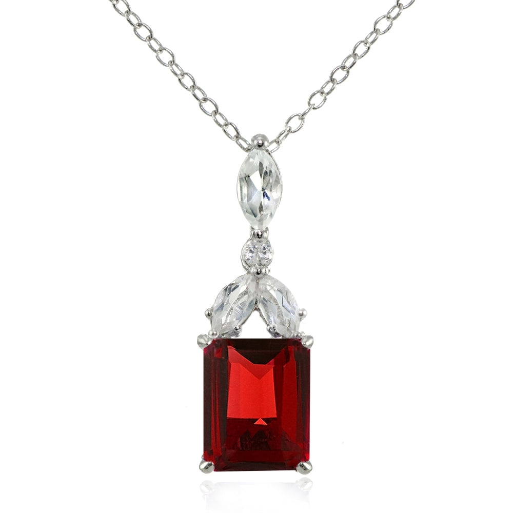 Sterling Silver Created Ruby and White Topaz Emerald-Cut Necklace