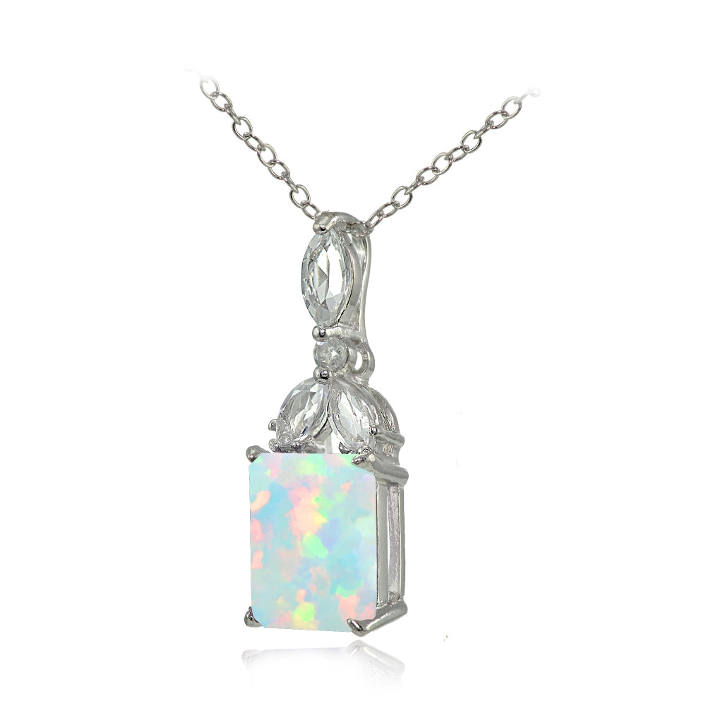 Sterling Silver Created White Opal and White Topaz Emerald-Cut Necklace-2