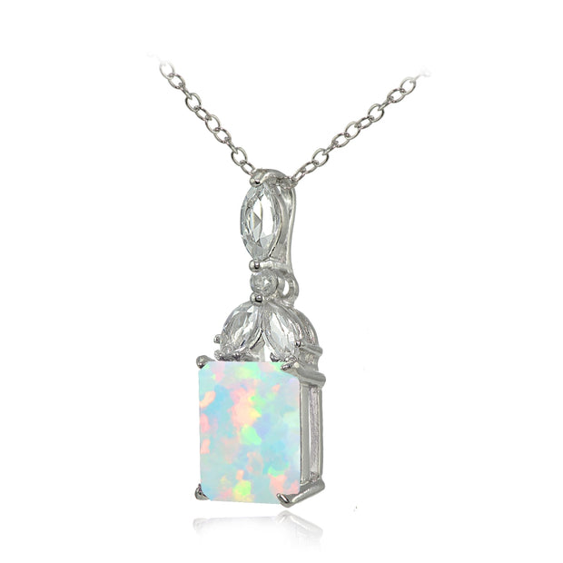 Sterling Silver Created White Opal and White Topaz Emerald-Cut Necklace