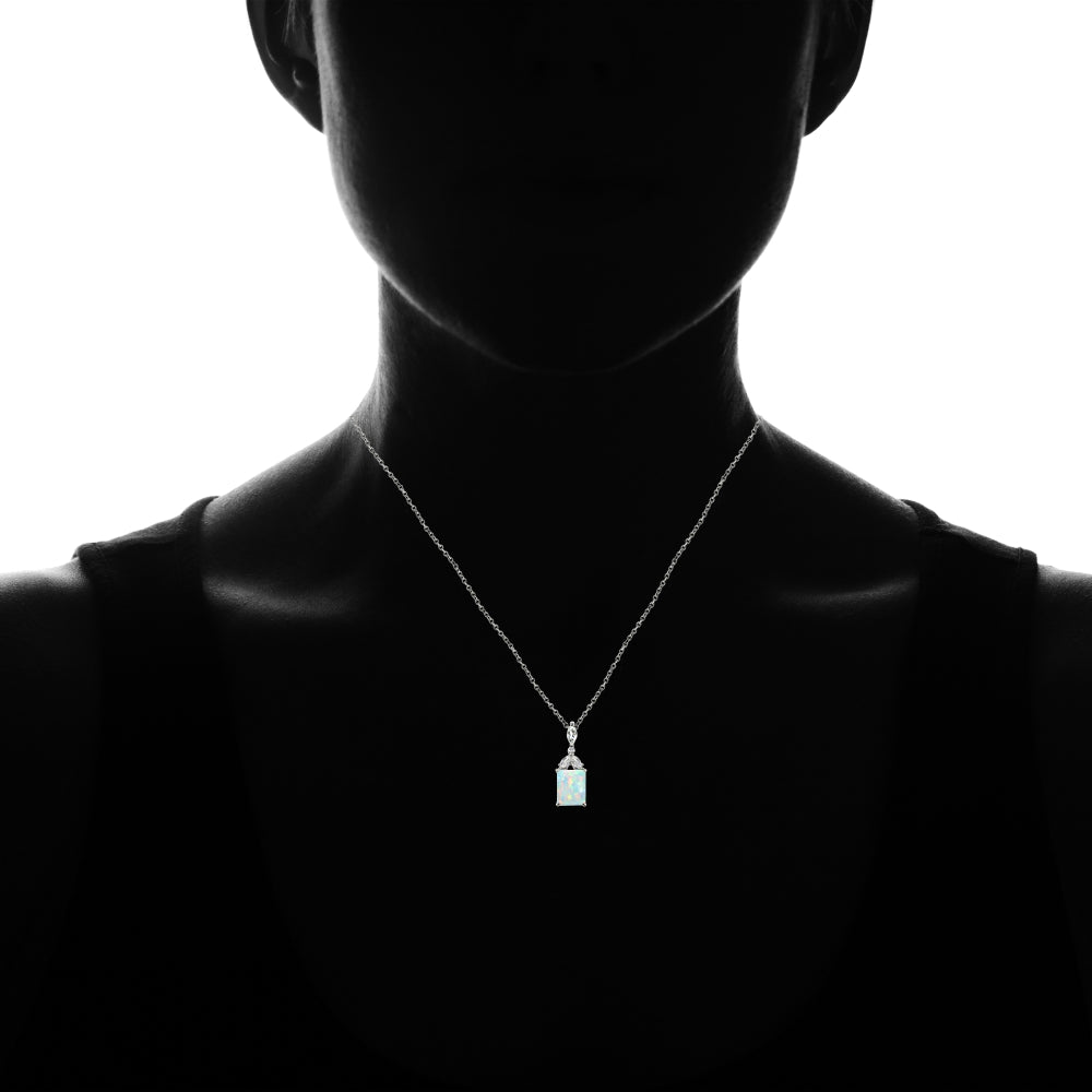 Sterling Silver Created White Opal and White Topaz Emerald-Cut Necklace-4