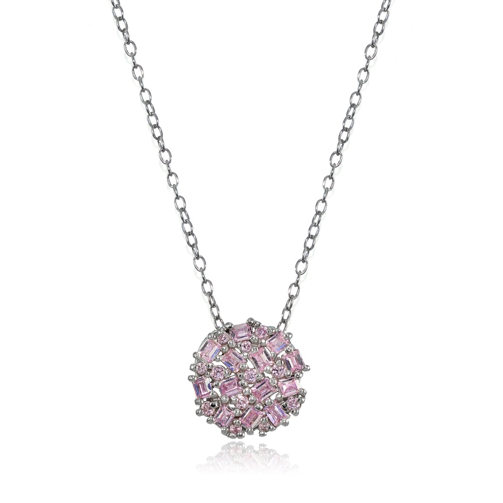 Sterling Silver Baguette and Round-Cut Light Pink Cubic Zirconia Cluster Round Circle Necklace