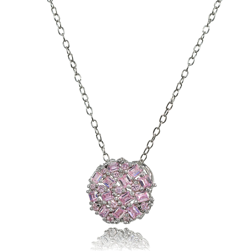 Sterling Silver Baguette and Round-Cut Light Pink Cubic Zirconia Cluster Round Circle Necklace-2