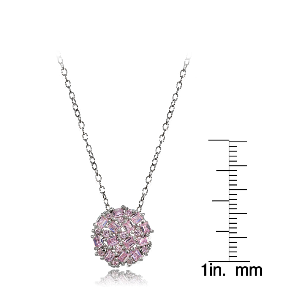 Sterling Silver Baguette and Round-Cut Light Pink Cubic Zirconia Cluster Round Circle Necklace-3