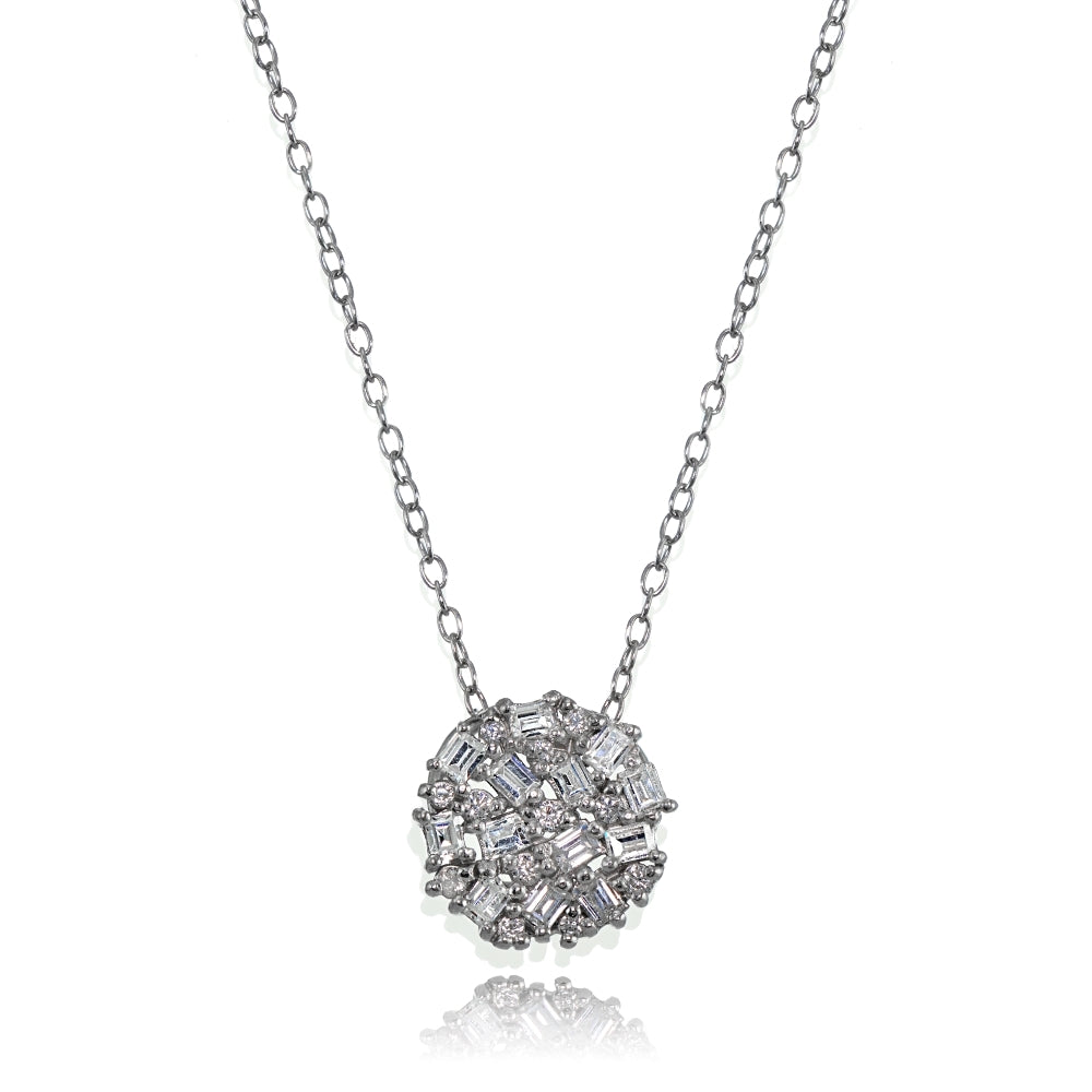 Sterling Silver Baguette and Round-Cut Cubic Zirconia Cluster Round Circle Necklace