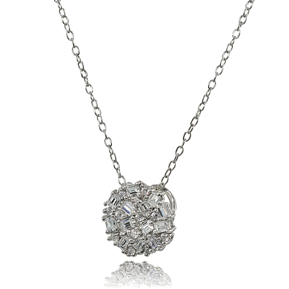 Sterling Silver Baguette and Round-Cut Cubic Zirconia Cluster Round Circle Necklace-2